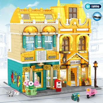 Вид на улицу в Скандинавском городе, кофейня в европейском стиле, Строительные блоки из мелких частиц, сборка модели здания, Игрушки Для мальчиков, Подарки для девочек