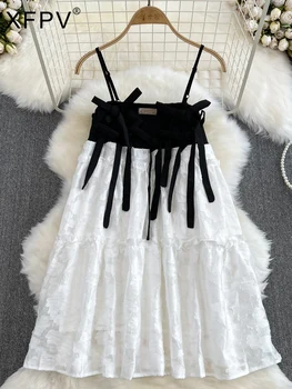 Дизайнерское платье XFPV, женское платье с бантом, вышитое без спинки, с вырезом лодочкой, складками, цвет Ocntrast, Vestido 2023, Летняя новая мода, Tide SM7689